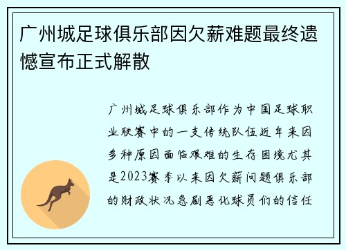 广州城足球俱乐部因欠薪难题最终遗憾宣布正式解散 广州城足球俱乐部因欠薪难题最终遗憾宣布正式解散
