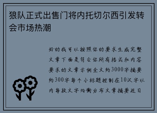 狼队正式出售门将内托切尔西引发转会市场热潮